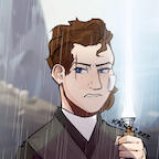 A drawing of a white woman with a scar over her eye, holding a lightsaber.