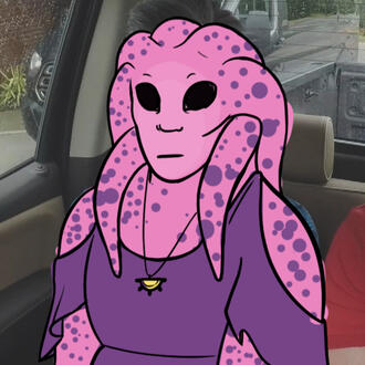 A drawing of a Nautolan person with pink skin dotted with purple spots.