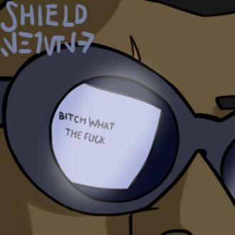 A drawing of a clone, very close up and reading a screen reading "bitch what the fuck" that is reflected in his glasses.