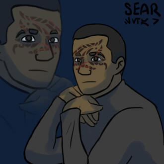 A drawing of a clone with a heavily scarred and tattooed face, striking a pose.