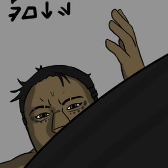 A drawing of a clone with short hair, looking over the edge of a bed with a scowl.