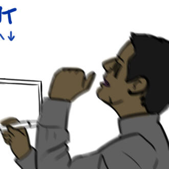 A drawing of a clone raising a hand triumphantly as he writes something on a board.