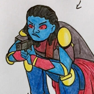 A drawing of a Chiss woman hunched over holding a gun.